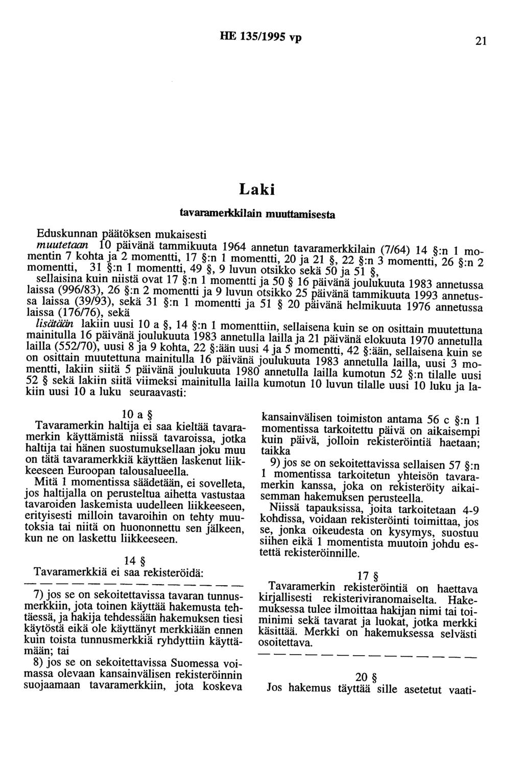 HE 135/1995 vp 21 Laki tavaramerlddlain muuttamisesta Eduskunnan päätöksen mukaisesti muutetaan 10 päivänä tammikuuta 1964 annetun tavaramerkkilain (7/64) 14 :n 1 momentin 7 kohta ja 2 momentti, 17