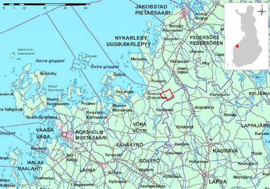 2 (16) 2 Suunnittelualue Suunnittelualue sijaitsee Pohjanmaalla Vöyrin kunnan ja Uudenkaarlepyyn kaupungin rajalla, maantien 7320 (Jepuantie-Pensalantie) kaakkoispuolella ja valtatien 19
