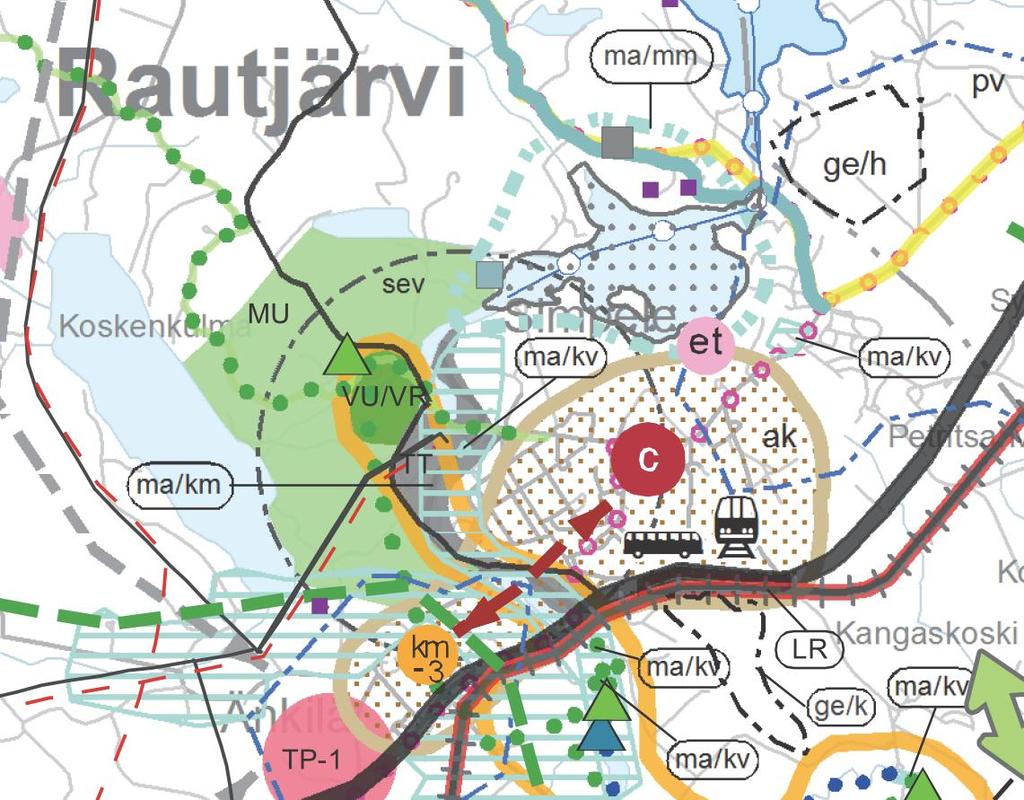 Kartta 8. Ote maakuntakaavasta Asemakaavan muutosalue on kuntakeskuksen kehittämisvyöhykettä.