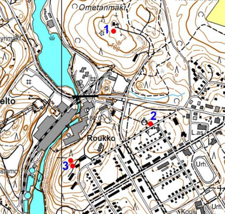 Kartta 6. Melutason kaukomittauspisteet 2012. Paikassa 3 on ollut kaksi pistettä: 3a ja 3b.