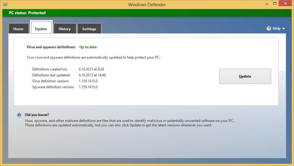 Virustunnisteiden päivitys Avaa Windows Defender -ohjelma ja siirry Update (Päivitys) -välilehdelle.