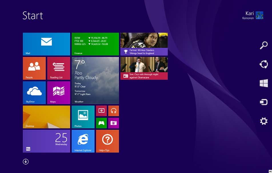 Start (Aloitus) -päävalikko Uusi Windows 8.1 muistuttaa ulkonäöltään Windows Phone 7 ja 8:n Metrokäyttöliittymää, joka on suunniteltu tabletti-tietokoneille ja puhelimiin.