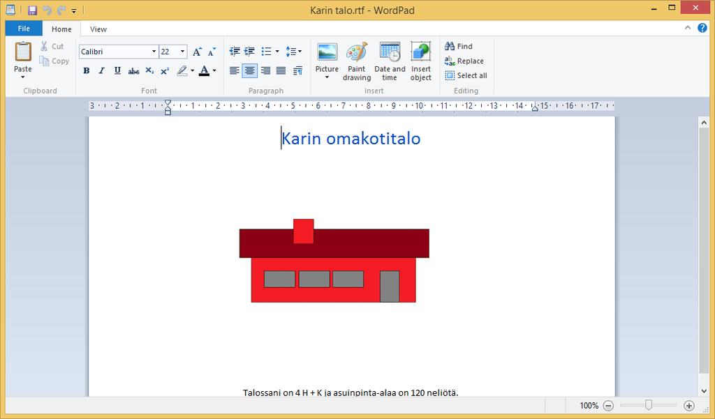 Kuva 65 WordPad- asiakirja Painalla Ctrl + v -pikanäppäinyhdistelmää, näin kuva ilmestyy kohtaan jossa kursori juuri vilkkui.