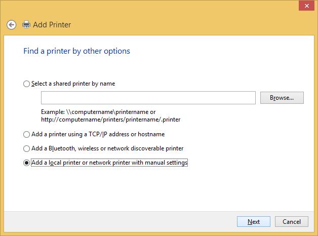 Selaa-painike Kuva 85 Add printer (Lisää tulostin) - valintaikkuna - vaihe 2 Valitsen valintaikkunassa Add a local printer or network printer with manual settings (Lisää paikallinen tulostin