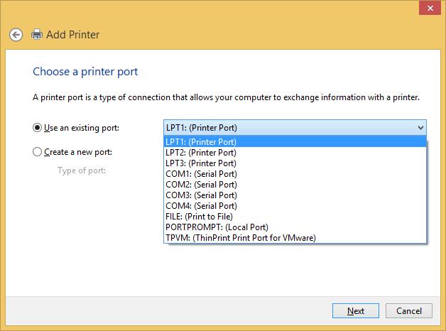 Porttiluettelo Kuva 86 Add printer (Lisää tulostin) - valintaikkuna - vaihe 3 Minä asennan tulostinta virtuaalikoneeseen.