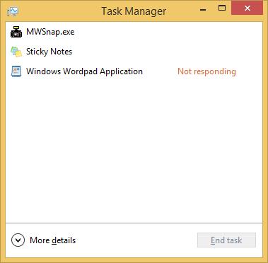 Ongelmien ratkaiseminen Tehtävienhallinta (Task Manager) Valitettavasti Windows 8.1 ja siihen tehdyt ohjelmat eivät ole läheskään täydellisiä, joten ne kaatuvat ajoittain.