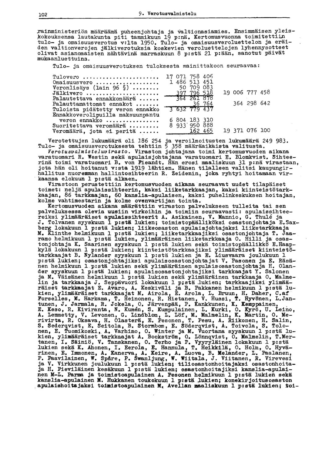 102 9. Verotusvalmistelu 102 rainministeriön määräämä puheenjohtaja ja valtionasiamies. Ensimmäisen yleiskokouksensa lautakunta piti tammikuun 19 p:nä.