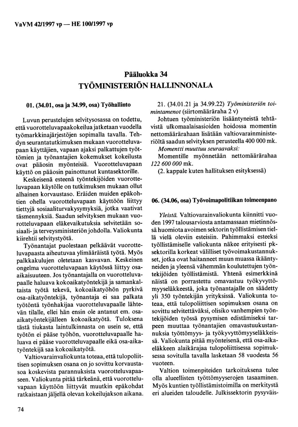 Pääluokka 34 TYÖMINISTERIÖN HALLINNONALA 01. (34.01, osa ja 34.