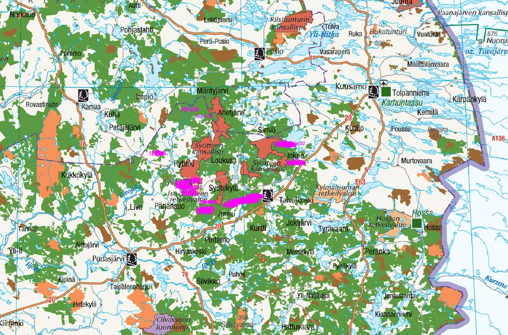 8 3 TUTKIMUKSEN TOTEUTUS 3.1 Tutkimusalue Tutkimusalue sijaitsee Metsähallituksen mailla Taivalkosken ja Pudasjärven kuntiin kuuluvalla Syötteen alueella Pohjois-Pohjanmaalla.