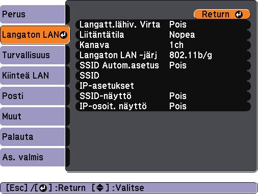 Pin kukosäätimen ti ohjuspneelin [Menu]-pinikett, vlitse Verkko-vlikko j vlitse vielä Verkkomääritykset. Vlitse Lngton lähiverkko. Seurvn kltinen näyttö tulee näkyviin.