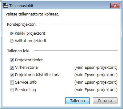 Projektorin lokitiedostojen tllentminen 28 Voit tllent vlitut tiedot, kuten projektorin käyttö- j virhehistorit lokitiedostoon vlitsemsssi knsioss. (Käytettävissä vin Epsonprojektoreiss.