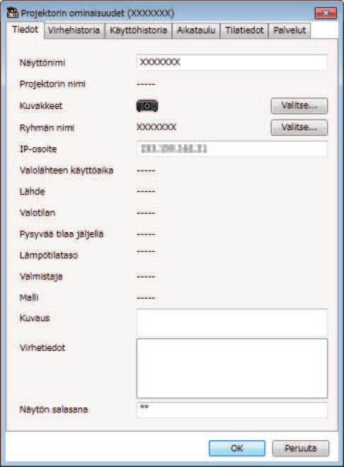 Projektorin ominisuudet -näyttö 36 Kun vlitset Projektorin ominisuudet Muokk-vlikoss, projektorin ominisuusnäyttö tulee näkyviin. g Asin liittyvät linkit "Projektorin ominisuudet - Tiedot" s.