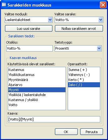 Page 22 of 31 3. Luodaan seuraavaksi sarakkeelle kaava Myynti - Kustannus. Tuplaklikkaa ensin Myynti riviä Käytettävissä olevat sarakkeet listauksesta.