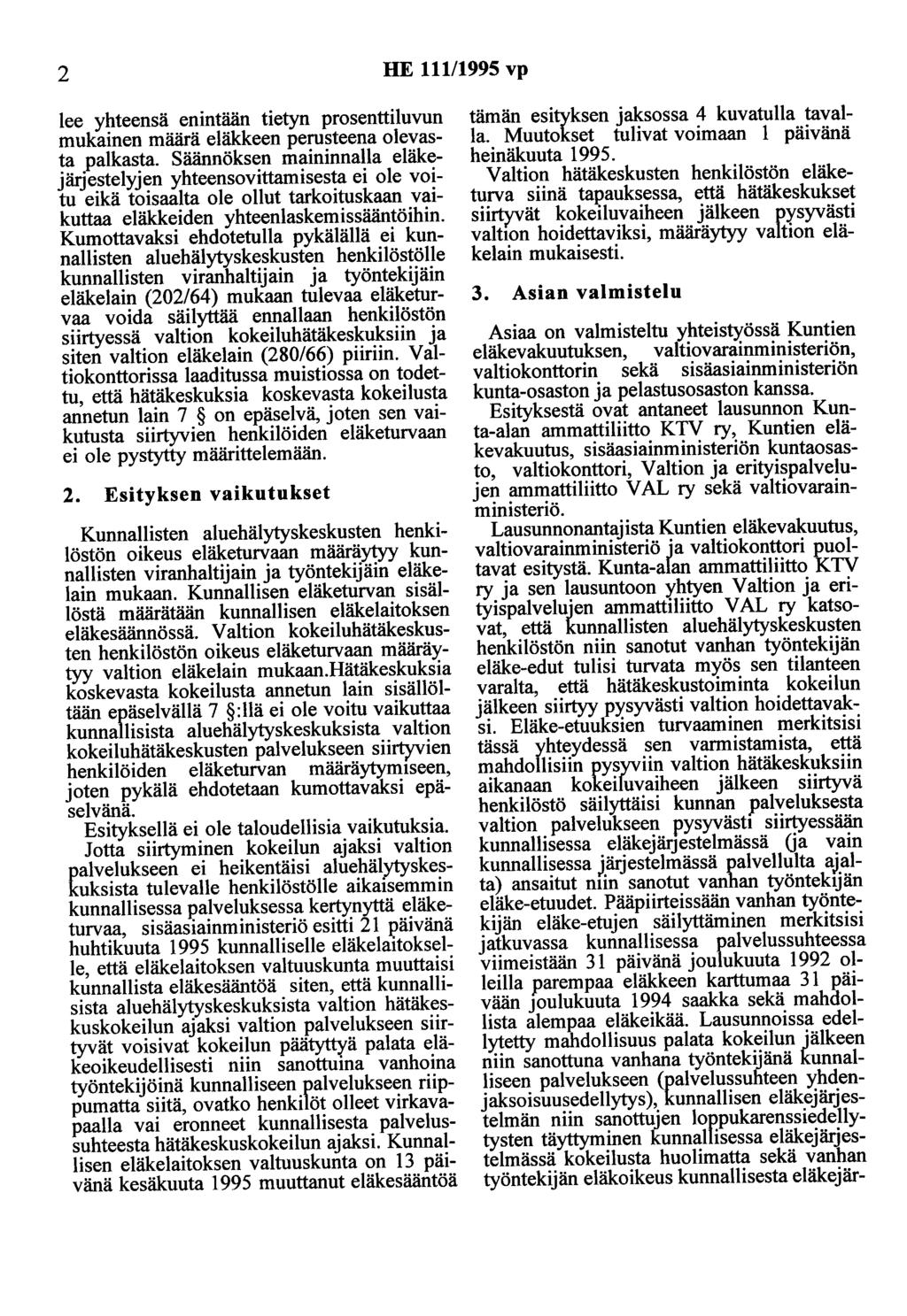 2 HE 11111995 vp lee yhteensä enintään tietyn prosenttiluvun mukainen määrä eläkkeen perusteena olevasta palkasta.