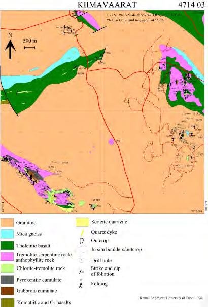 16 Kuva 2C. Karttalehti 4714 03:n geologia HAVAINNOT GPS-kiintopisteverkon (44 pistettä) avulla paljastumat saatiin sidottua hyvällä tarkkuudella sekä kartalle että toisiinsa.