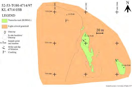 20 Kuva 9. Puntoselän alueen geologia; paljastuma 52-53-TOH-4714/97 ortokumulaattilinsseihin liittyviä Kambalda-tyyppisiä massiivisia Ni-malmeja.