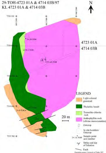 27 Muut Muut karttalehdeltä 4723 01 tehdyt havainnot/kerätyt näytteet ovat: 18-TOH Marjavaaran magneettinen maasälpäporfyyrirakeita sisältävä granitoidi, 19-TOH Sotajoen Kemihaaran tien sillan