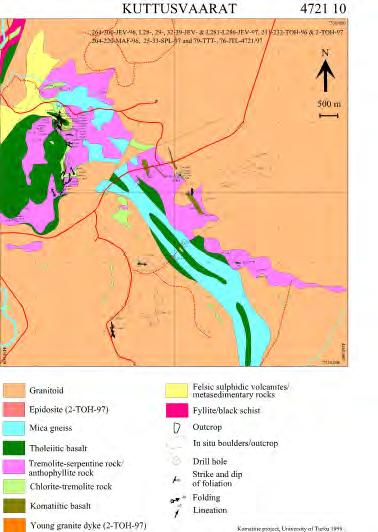 8 Kuva 2A. Karttalehti 4721 10: n geologia alueelta löydettiin useita vastaavankaltaisia sulfidipitoisia lohkareita (maksimi nikkelipitoisuus 7590 ppm).