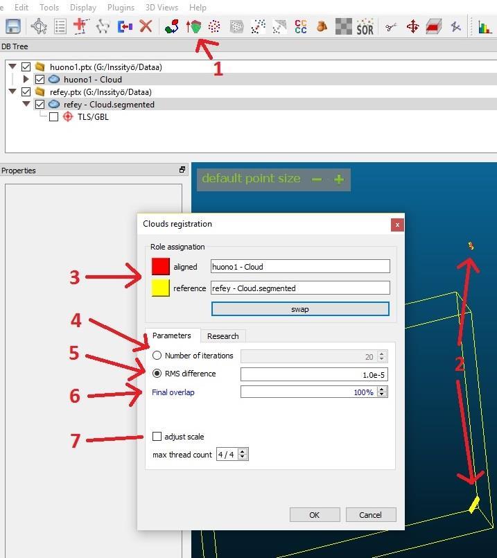 33 Kuva 31. 1. Fine Registration-työkalu 2. Pistepilvet avaruudessa 3. Referenssipistepilven ja vertailupistepilven valinta 4. Iteraatioiden määrän säätö ja valinta 5.