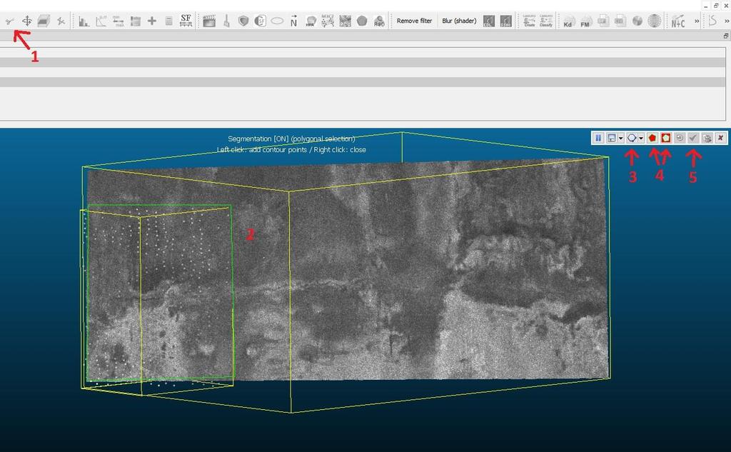 34 Kuva 32. 1. Segmentointityökalu 2. Päällekkäin olevat pilvet ja leikattavan alueen rajat. Vertailupistepilvi suuremmilla pikseleillä. 3. Rajausalueen piirto 4.