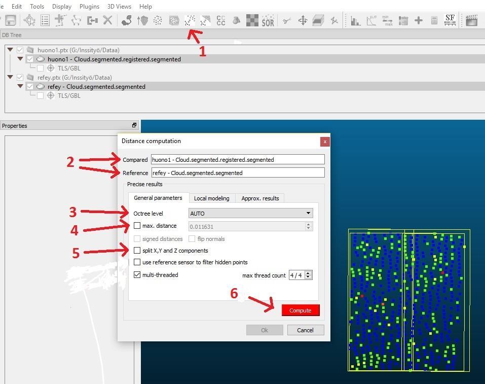 35 Kuva 33. 1. Cloud-to-Cloud Distance-työkalu 2. Valitaan referenssi ja pistepilvi, jonka pisteiden etäisyyksiä verrataan siihen 3.