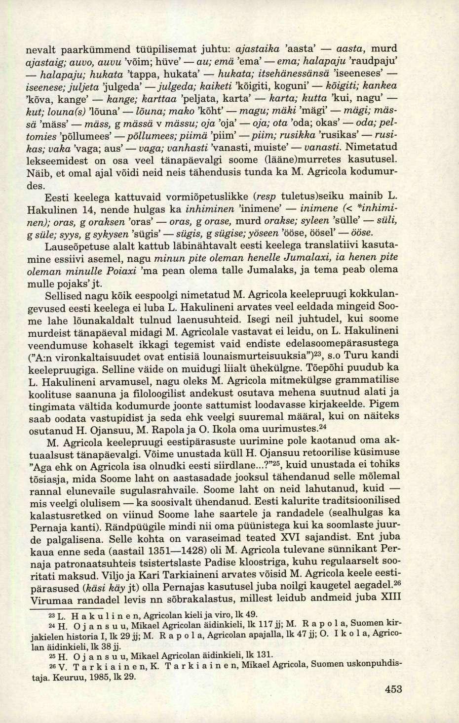 nevalt paarkümmend tüüpilisemat juhtu: ajastaika 'aasta' aasta, murd ajastaig; auvo, auvu 'võim; hüve' au; emä 'ema' ema; halapaju 'raudpaju' halapaju; hukata 'tappa, hukata' hukata; itsehänessänsä