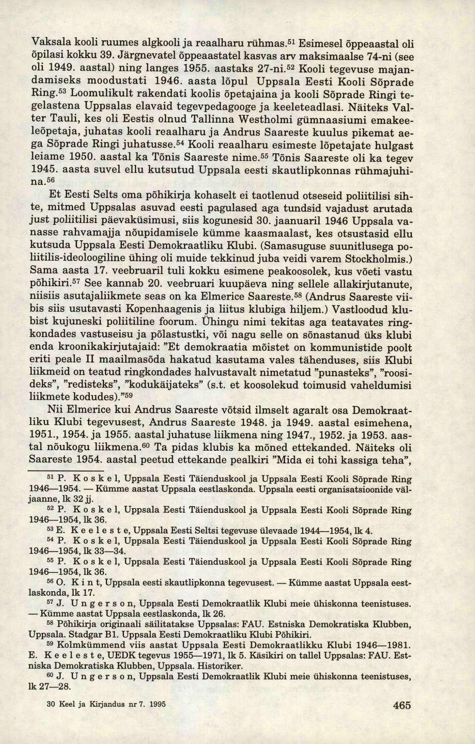 Vaksala kooli ruumes algkooli ja reaalharu rühmas. 51 Esimesel õppeaastal oli õpilasi kokku 39. Järgnevatel õppeaastatel kasvas arv maksimaalse 74-ni (see oli 1949. aastal) ning langes 1955.