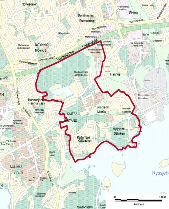 Kaupunginhallitus 25.03.2013 Sivu 3 / 3 Selostus Osayleiskaava-alue on pinta-alaltaan noin 250 ha ja sijaitsee Espoonlahden ja Matinkylän kaupunkikeskuksien välissä.