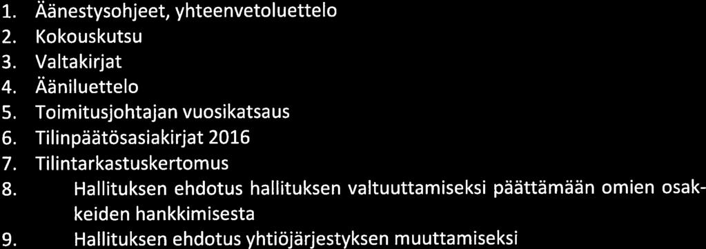 8(8) Liitteet 1. Äänestysohjeet, yhteenvetoluettelo 2. Kokouskutsu 3. Valtakirjat 4. Ääniluettelo 5. Toimitusjohtajan vuosikatsaus 6. Tilinpäätösasiakirjat 2016 7.