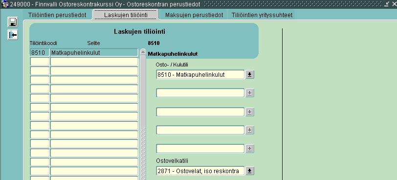 Tiliöintikoodit: Toimittajan tietoihin on mahdollista tallentaa tiliöintikoodi (oletustiliöinti). Tiliöintikoodit kannattaa perustaa yritysrekisterissä toimittajaa perustettaessa.