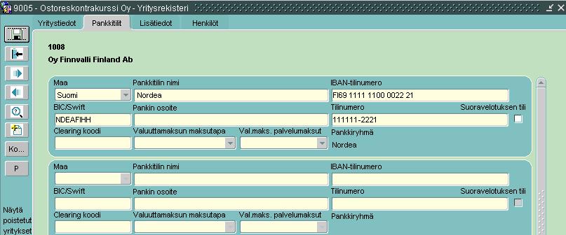 3.2 Pankkitilit Pankkitili syötetään toimittajan pankkitilit välilehdelle.