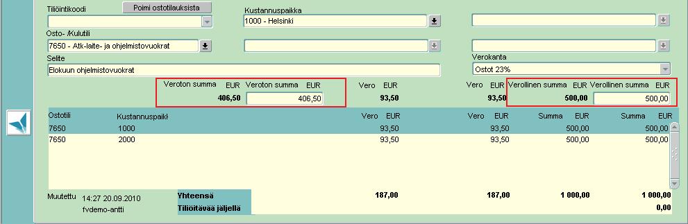 Mikäli lasku tiliöidään useammalle kirjanpidon tilille, seurantakohteelle tai verokannalle, syötetään useita