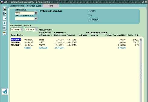 4.3 Tiliote Tiliote ruudulla voidaan tarkastella yhden toimittajan laskuja ja maksuja.