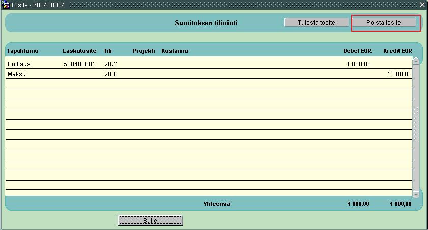 Kaksoisklikkaamalla tilioteruudun kuittausriviä saadaan avattua suorituksen tiliöinti.