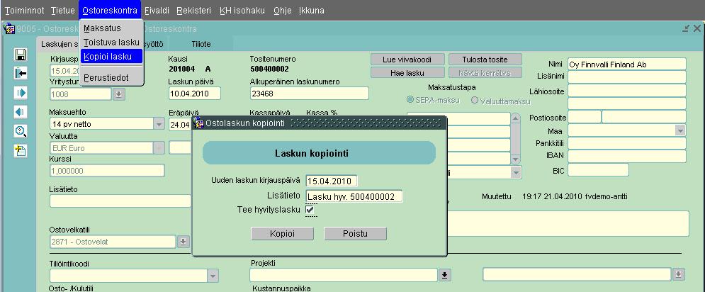 4.4 Hyvityslaskun tallentaminen Hyvitettävä lasku etsitään