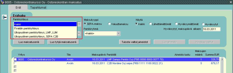 Pankkiyhteys Valinnalla voidaan määritellä näkyviin SEPA-maksatuserät, LMP- ja LUM2 - maksatuserät sekä Fivaldin omalla pankkiyhteysohjelmalla (erikseen tilattava sovellus) maksatettavat erät.