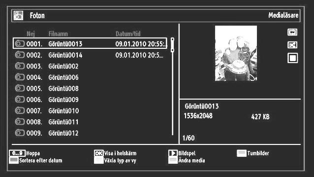Hoppa (sifferknappar):hoppar till vald fil med sifferknapparna. OK: Visar vald bild i full skärm. Bildspel ( knapp): Startar bildshowen och använder alla bilder. GRÖN: Visar bilderna I miniatyrer.
