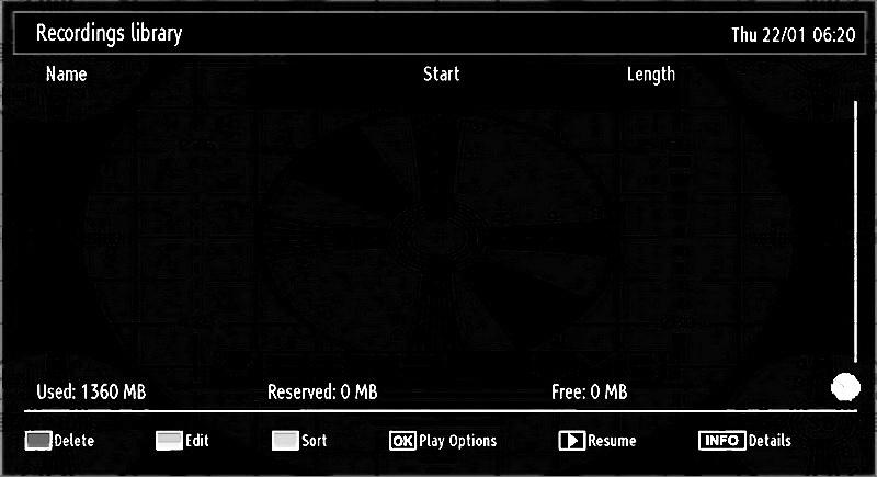 Recordings Library IMPORTANT: To view recordings library, you should fi rst connect a USB disk to your TV while the TV is switched off. You should then switch on the TV to enable recording feature.