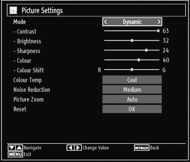 Use or button to set an item. Press MENU button to exit. Picture Settings Menu Items Mode: For your viewing requirements, you can set the related mode option.