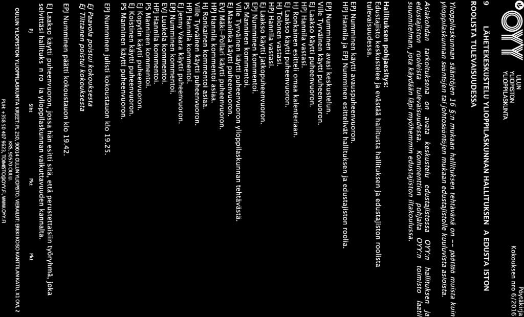 Qy T 0 1k\V/A\VII OULUN Pöytaki rja YLIOPISTON Kokouksen nro 6/2016 II II 9 LÄHETEKESKUSTELU YLIOPPILASKUNNAN HALLITUKSEN JA EDUSTAJISTON ROOLISTA TULEVAISUUDESSA Ylioppilaskunnan sääntöjen 16 5:n