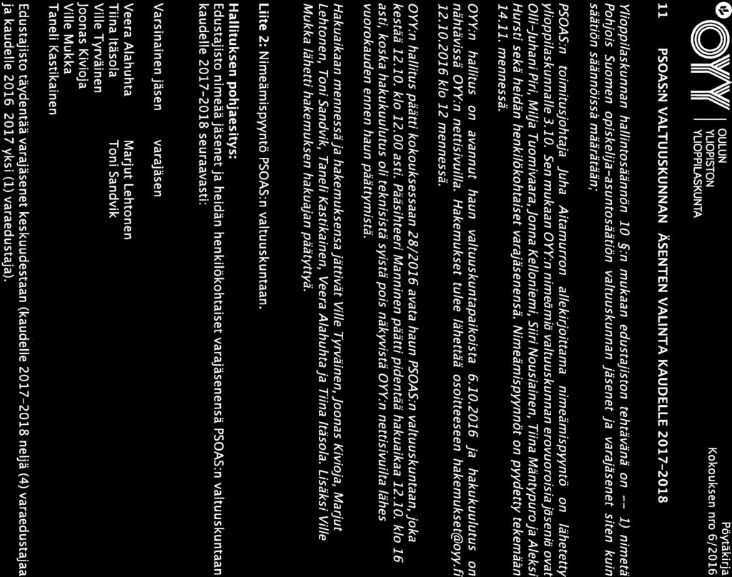0,k\VIA\VII OULUN Pöytäkirja Qf( f(( YLIOPISTON Kokouksen nro 6/2016 YLIOPPILASKUNTA 11 PSOAS:N VALTUUSKUNNAN JÄSENTEN VALINTA KAUDELLE 2017-2018 Ylioppilaskunnan hallintosäännön 10 :n mukaan