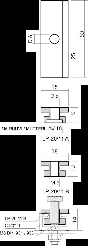 C-20 Alumiiniprofiilit LP-20 POM-liukupalat C-20*11 Materiaali: Pursotettu alumiini EN AW-6063 Leveys: 20 mm Korkeus: 11 mm Paino: 0,27 kg / m Toimituspituus: 6 m Hinnat: Anodisoitu, harmaa.