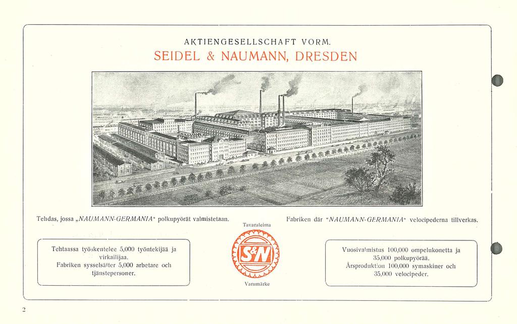 AKTIENGESELLSCHAFT VORM, SEIDEL & NAUMANN, DRESDEN Tehdas, jossa NAUMANN-GERMANIA polkupyörät valmistetaan. Tavaraleima Fabriken där NAUMANN-GERMANIA" velocipederna tillverkas.