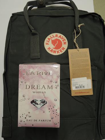 M113 Reppu + hajuvesi FJÄLLRÄVEN KÅNKEN; F23510(75 ) + La Rive;Dream-EdP, 100ml. M114 Sekalaista tavaraa Laatikollinen.