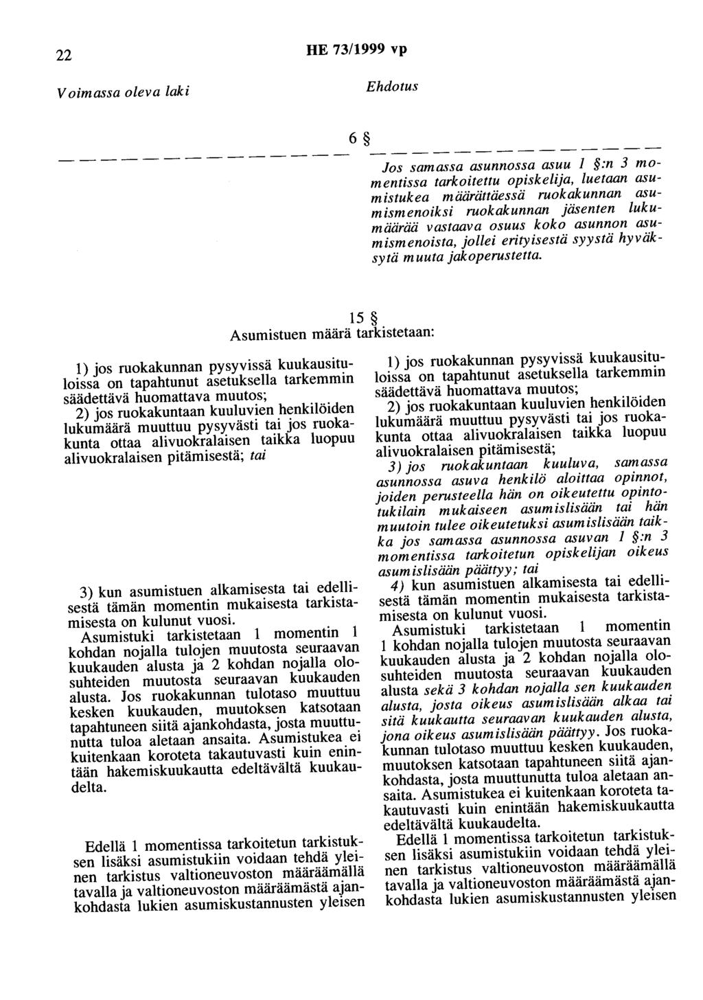 22 HE 73/999 vp Voimassa oleva laki Ehdotus 6 Jos samassa asunnossa asuu :n 3 momentissa tarkoitettu opiskelija, luetaan asumistukea määrättäessä ruokakunnan asumismenoiksi ruokakunnan jäsenten