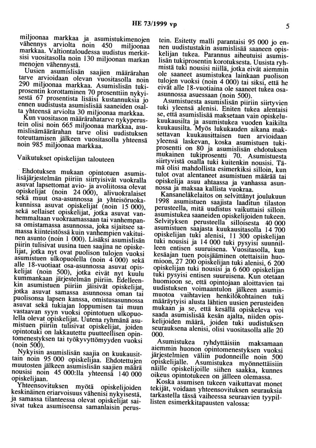 HE 73/999 vp 5 miljoonaa markkaa ja asumistukimenojen vähennys arviolta noin 450 miljoonaa markkaa. Valtiontaloudessa uudistus merkitsisi vuositasolla noin 30 miljoonan markan menojen vähennystä.