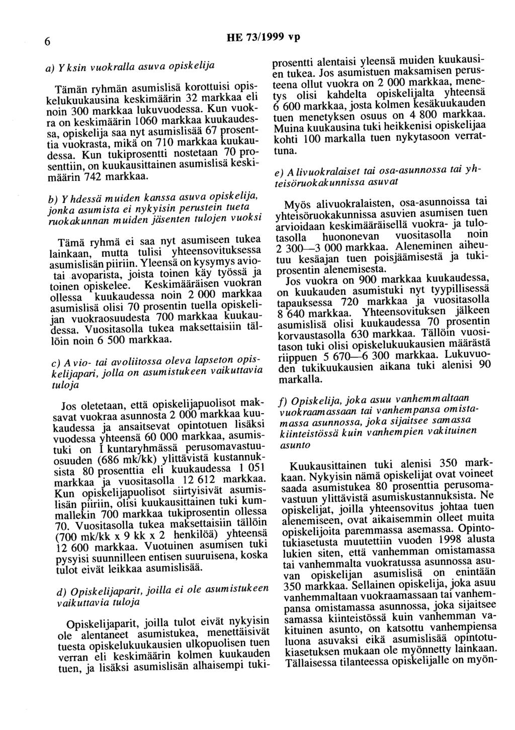 6 HE 73/999 vp a) Yksin vuokralla asuva opiskelija Tämän ryhmän asumislisä korottuisi opiskelukuukausina keskimäärin 32 markkaa eli noin 300 markkaa lukuvuodessa.