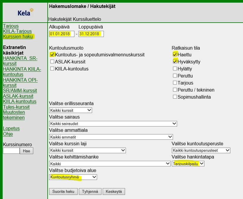 6 2 Kurssitietojen tarkistaminen ja täydentäminen 2.1 Hakutekijät Kurssien tarkistaminen ja täydentäminen aloitetaan navigointipalkissa olevilla toiminnoilla.