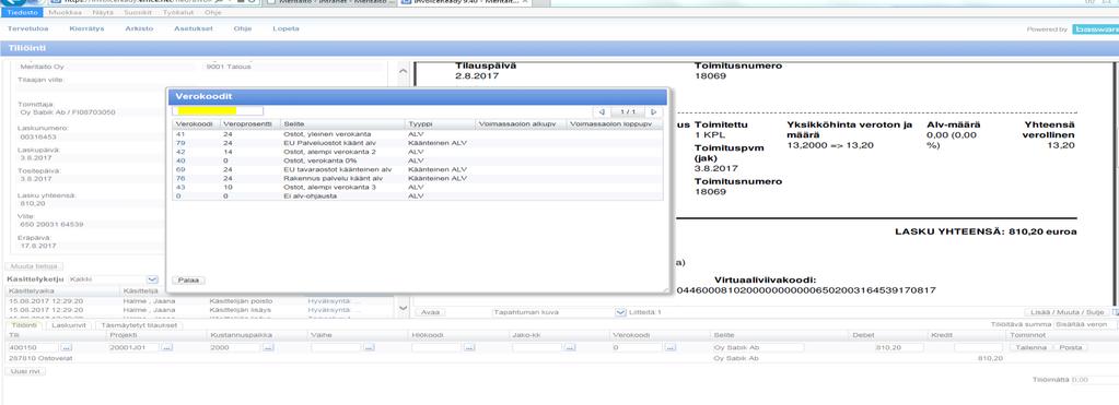 Page 4 of 13 Verokoodi on muutettava laskulle, jos se on muu kuin kotimaan alv 24 %. Tyhjennä hakukriteeri, niin saat kaikki koodit näkyviin.