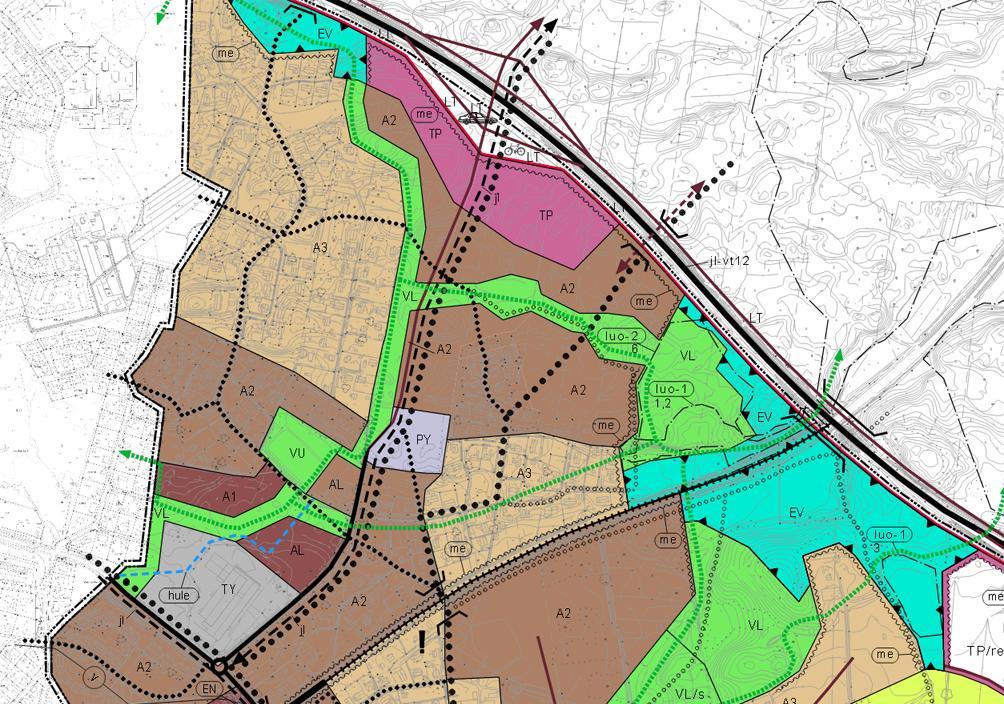 Yleiskaava. Alueelle on osoitettu keskitehokasta asutusta (A2), työpaikkarakentamista (TP) ja julkisia palveluita (PY).